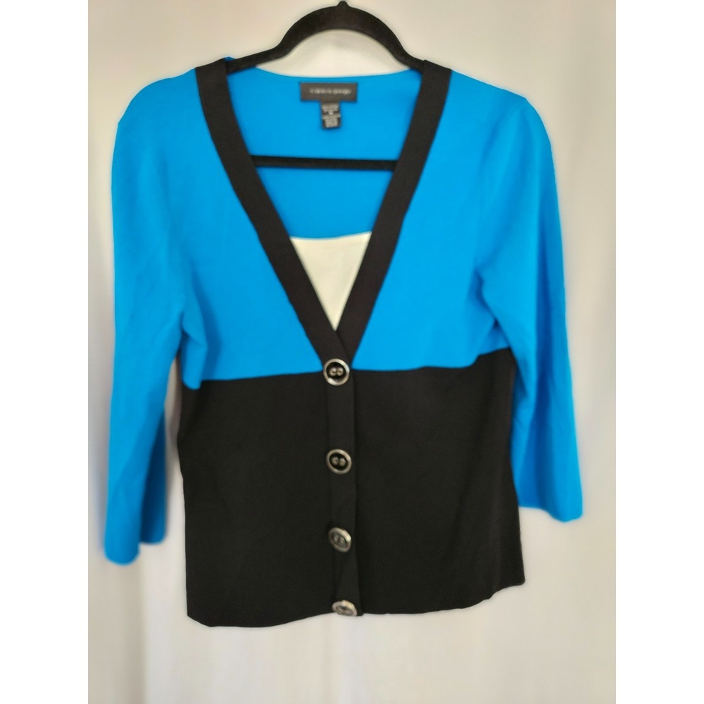 Y2K Cable & Gauge Knit Top Blue Black Artsy Colorblock Retro Buttons Preppy chic